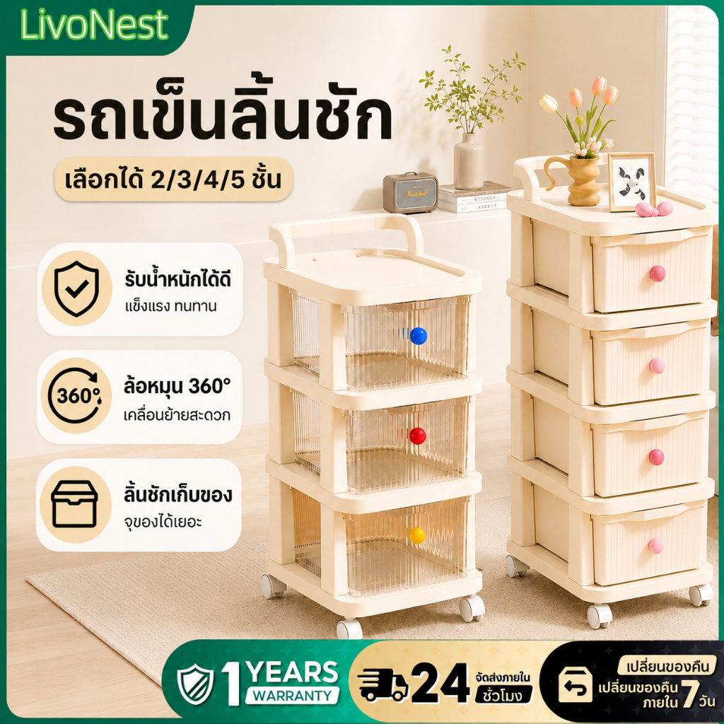รถเข็นลิ้นชัก ลิ้นชักเก็บของ มีล้อ ชั้นเก็บของอเนกประสงค์ รถเข็นเก็บของ พลาสติกแข็งแรง เลือกได้ 2/3/4/5 ชั้น