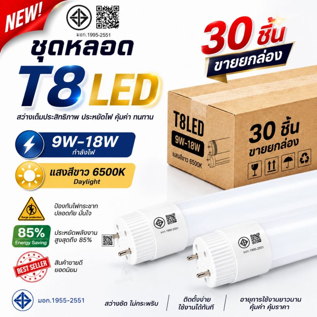 (ยกลัง 30 ชุด) หลอดไฟLED หลอดไฟ T8 TUBE ขนาด 9 - 18W ยาว60-120CM. แสงขาว เดย์ไลท์ 6500K รับประกัน 2 ปี