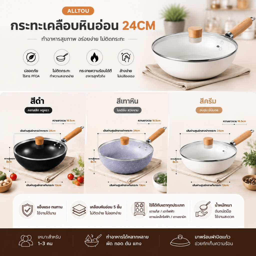 กระทะเคลือบกันติดพร้อมฝาแก้ว เหมาะสำหรับการทำอาหารทั่วไปและใช้ได้กับเตาทุกประเภท