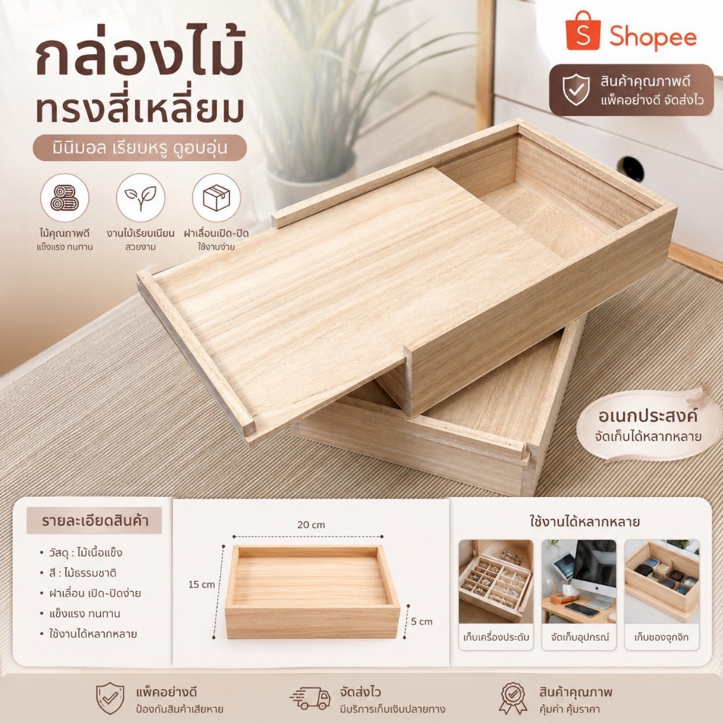 พร้อมส่งจากไทย กล่องไม้ กล่องไม้ลิ้นชักเลื่อน กล่องไม้สไตล์มินิมอล