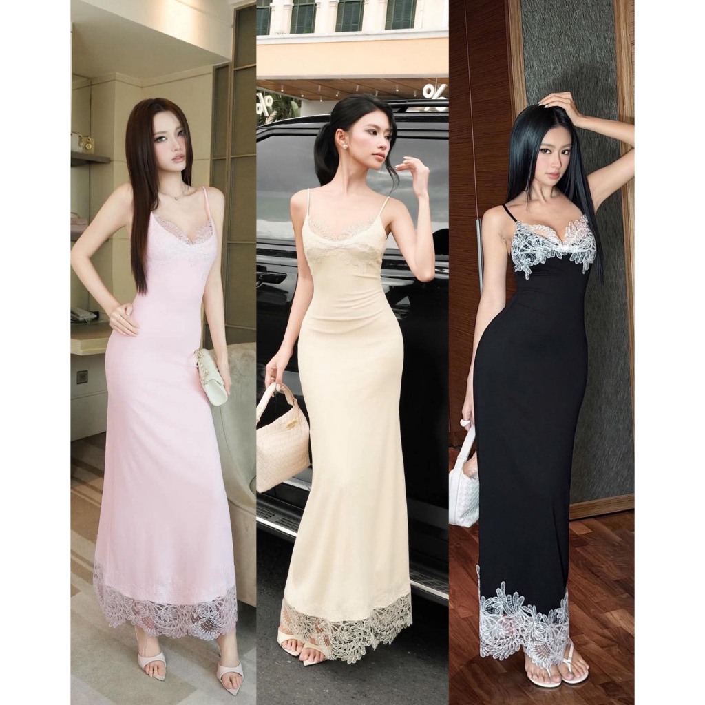 OBIBII Brand: เดรสสายเดี่ยวผ้ายืดนิ่มเข้ารูป ดีไซต์ผ้าลูกไม้ช่วงอกและชายกระโปรง
