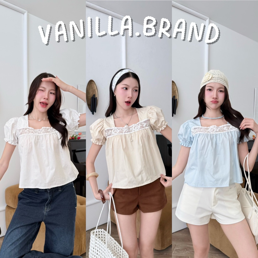 เสื้อคอเหลี่ยม แขนพอง คาดลูกไม้ -ttm / VB0688