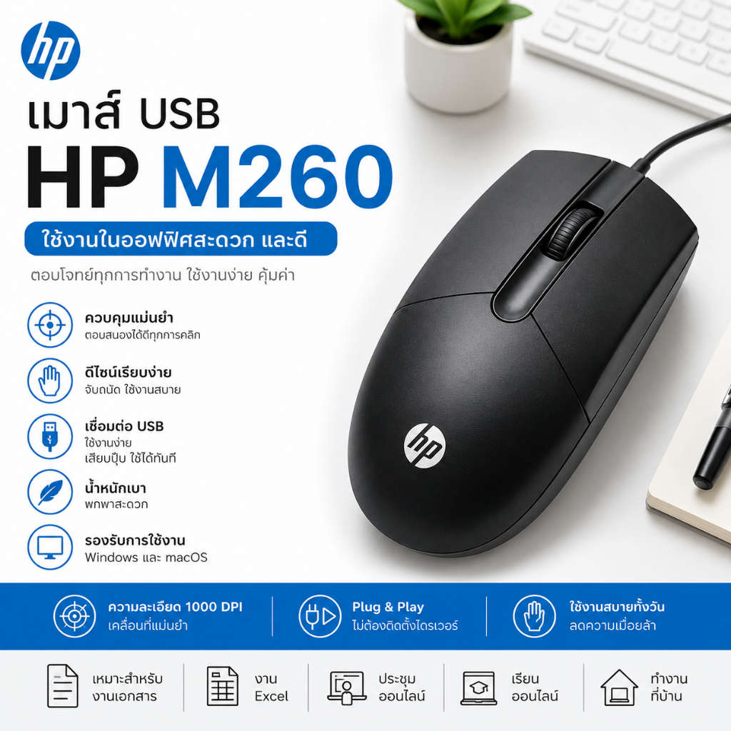 เมาส์ USB Mouse HP M260 สาย USB