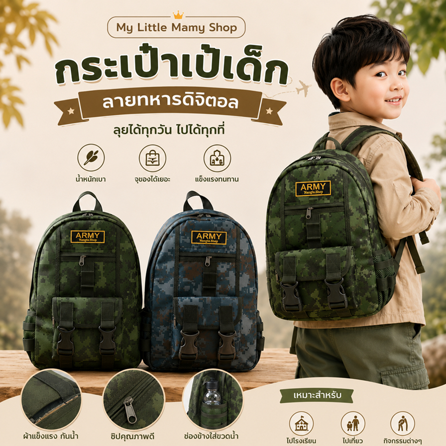พร้อมส่ง กระเป๋าเป้เด็ก ลายทหารดิจิตอล รุ่นจิ๋ว