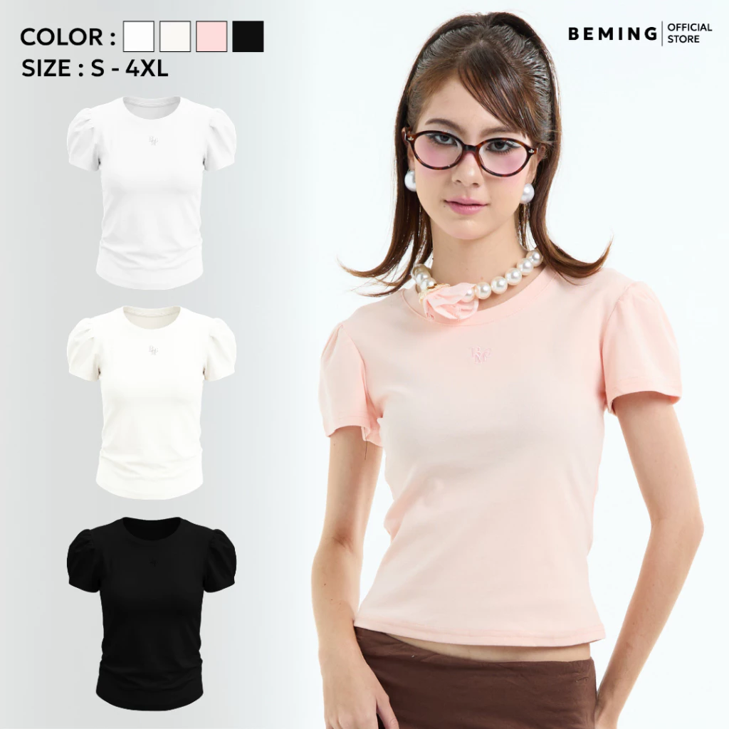 Bemingtop1241(S-4XL) - Bamby Top - เสื้อแขนพองทรงเข้ารูป ดีไซน์เรียบแต่มีลูกเล่นโลโก้ BMG ปักหน้าอก