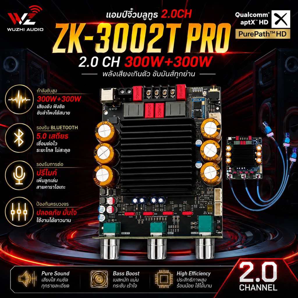 ZK-3002T PRO กำลังขับ 300W300W +พอร์ตไมโครโฟน TPA3255 แอมป์จิ๋วแรงๆ QCC3134 รองรับ APTX เครื่องขยายเ