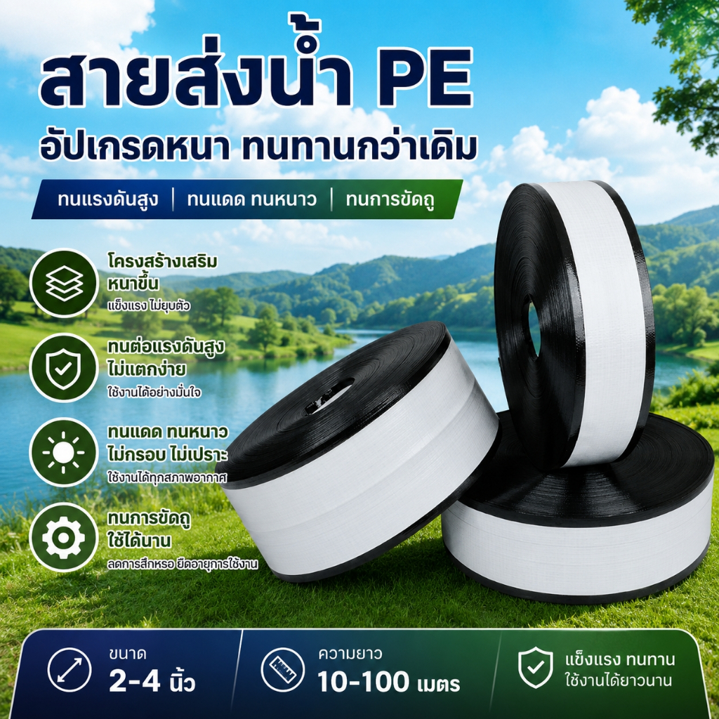 ทอสองปีก สายส่งน้ำPE เคลือบสองหน้า 2นิ้ว 3นิ้ว 4นิ้ว 10-100เมตร หนาพิเศษ สายยางรดน้ำ