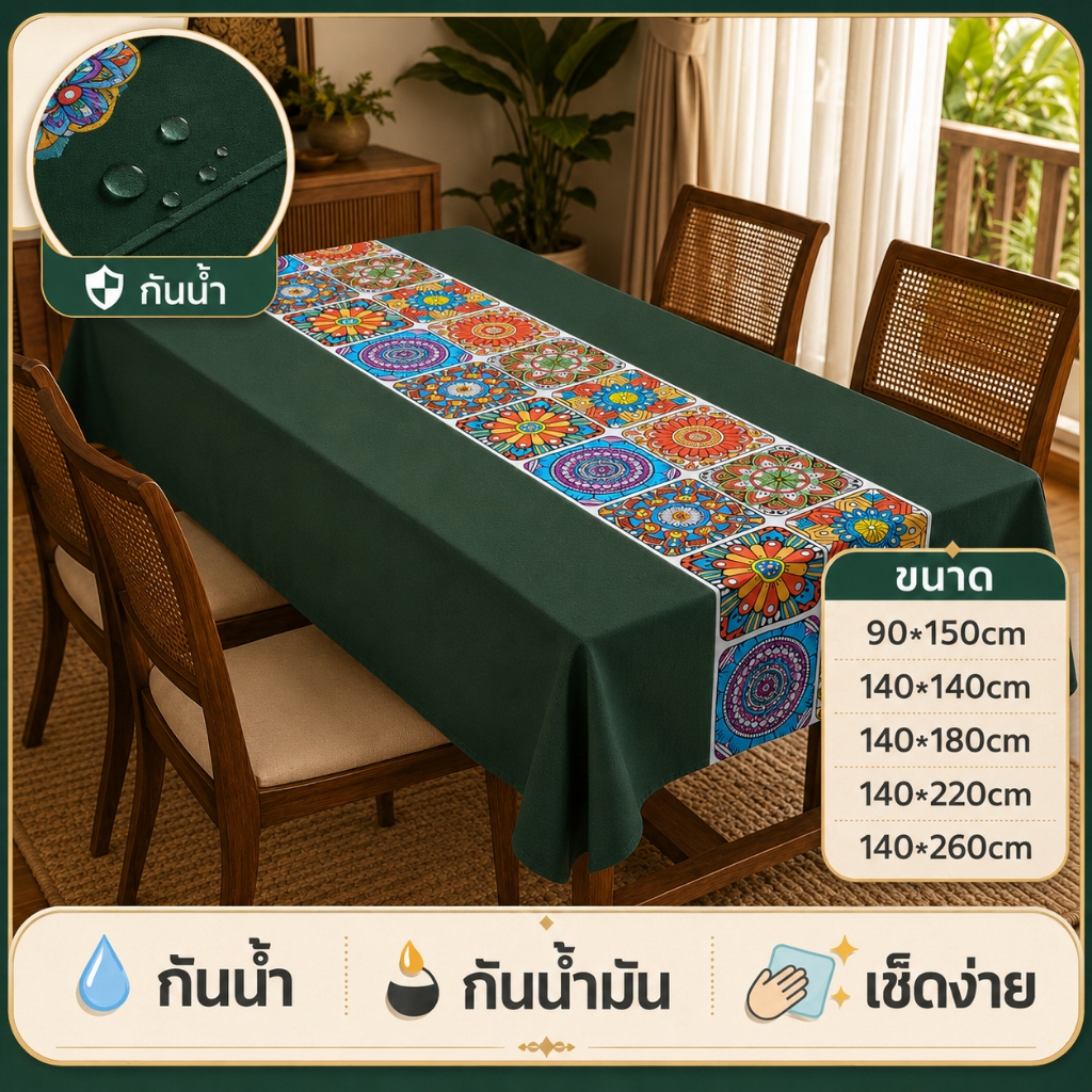 ผ้าปูโต๊ะ PVC สีเขียวเข้ม กันน้ำ กันน้ำมัน กันคราบสกปรก ทนความร้อน เหมาะสำหรับโต๊ะขนาด 2–8 ที่นั่ง