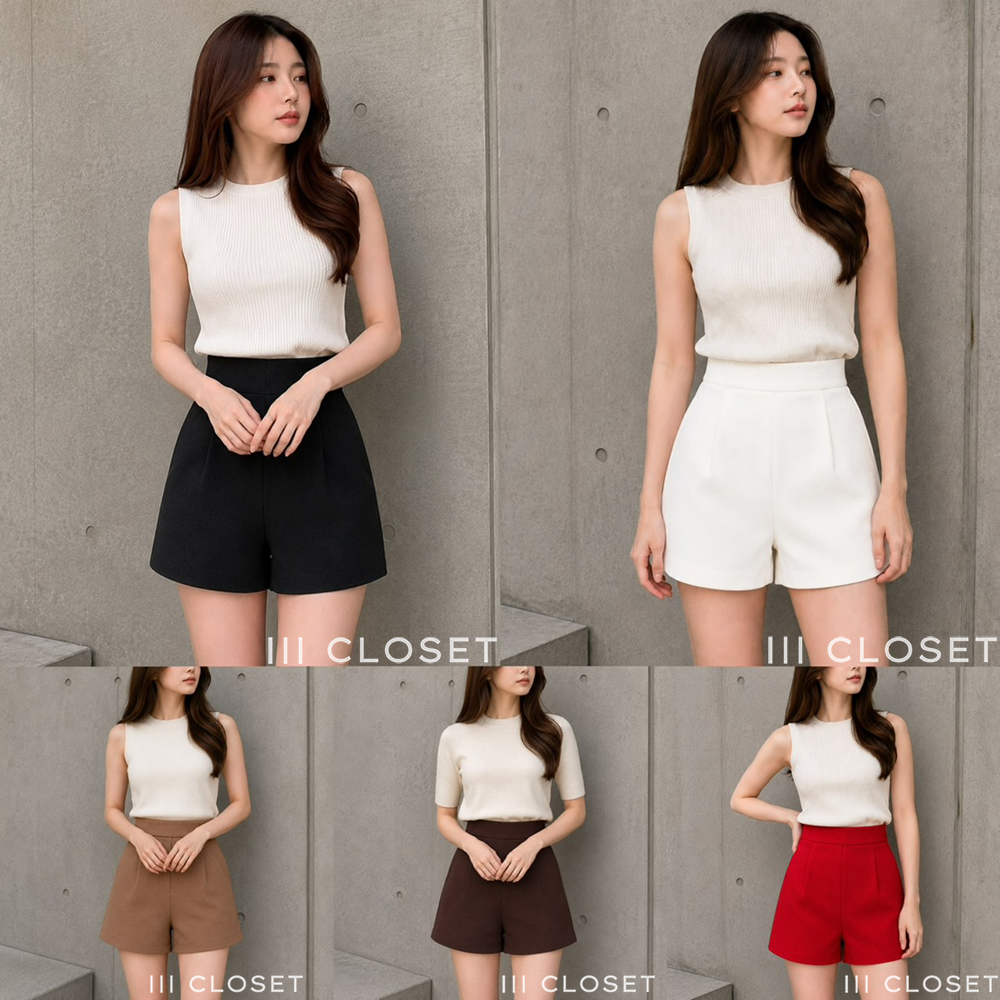 กางเกงขาสั้น lll Freesize lll PW001 เอวสูง มีขอบ ตีเกร็ดหน้า เนื้อผ้าวูลเวฟ ผ้านิ่ม ใส่สบาย