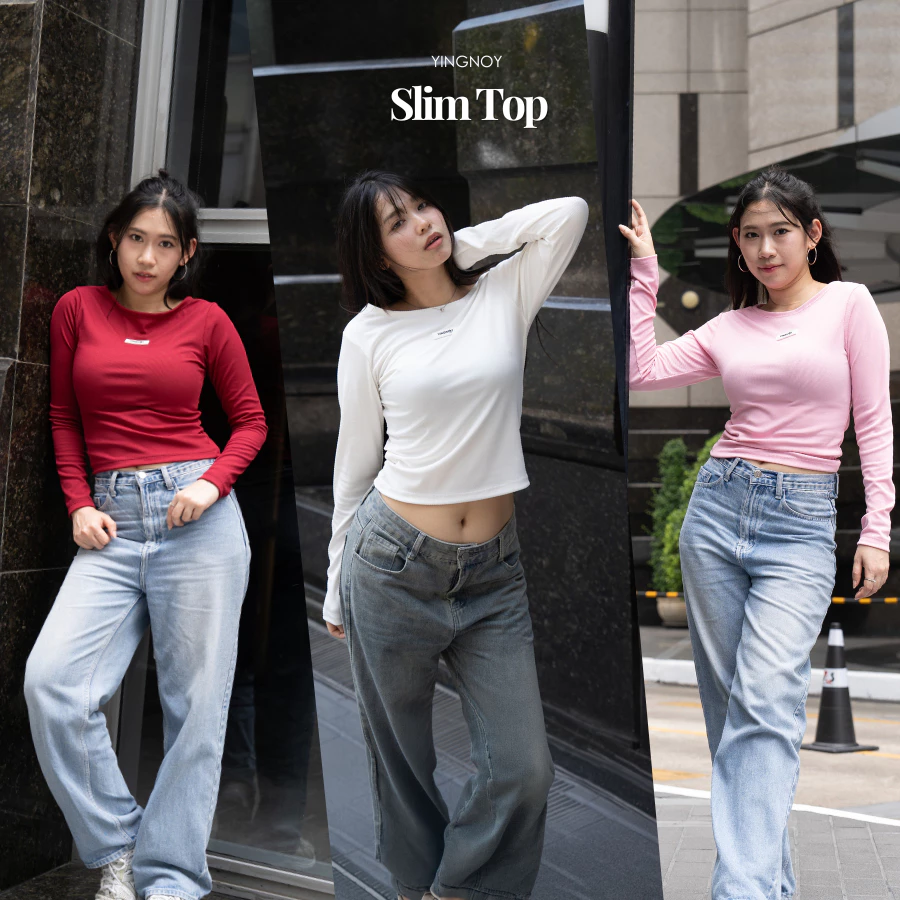 Slim Top#2 | เสื้อแขนยาวแฟชั่นผู้หญิง ทรงเข้ารูป คอกว้าง ดีไซน์มินิมอล พร้อมป้ายยางโลโก้กลางอก รวมสี