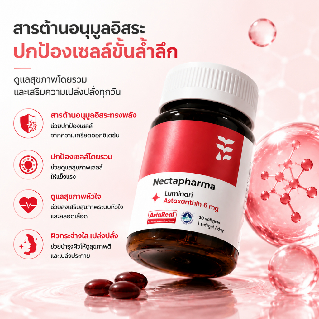 [ซื้อ 1 แถม 1]Nectapharma Luminari Astaxanthin ลูมินารี่ แอสตาแซนธิน ประกอบด้วย Pycnogenol CoQ10 Tocotrienol Piperine Zi