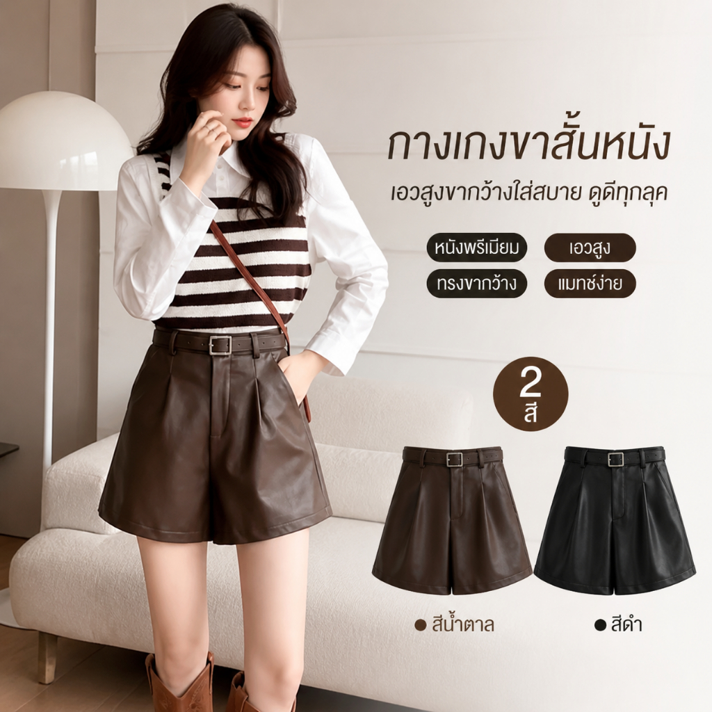 3m7 จัดส่งภายใน 24 ชั่วโมง กางเกงขาสั้นหนังPU เอวสูง มีกระเป๋าข้าง กางเกงขาสั้นเอวสูง มีกระเป๋าข้าง