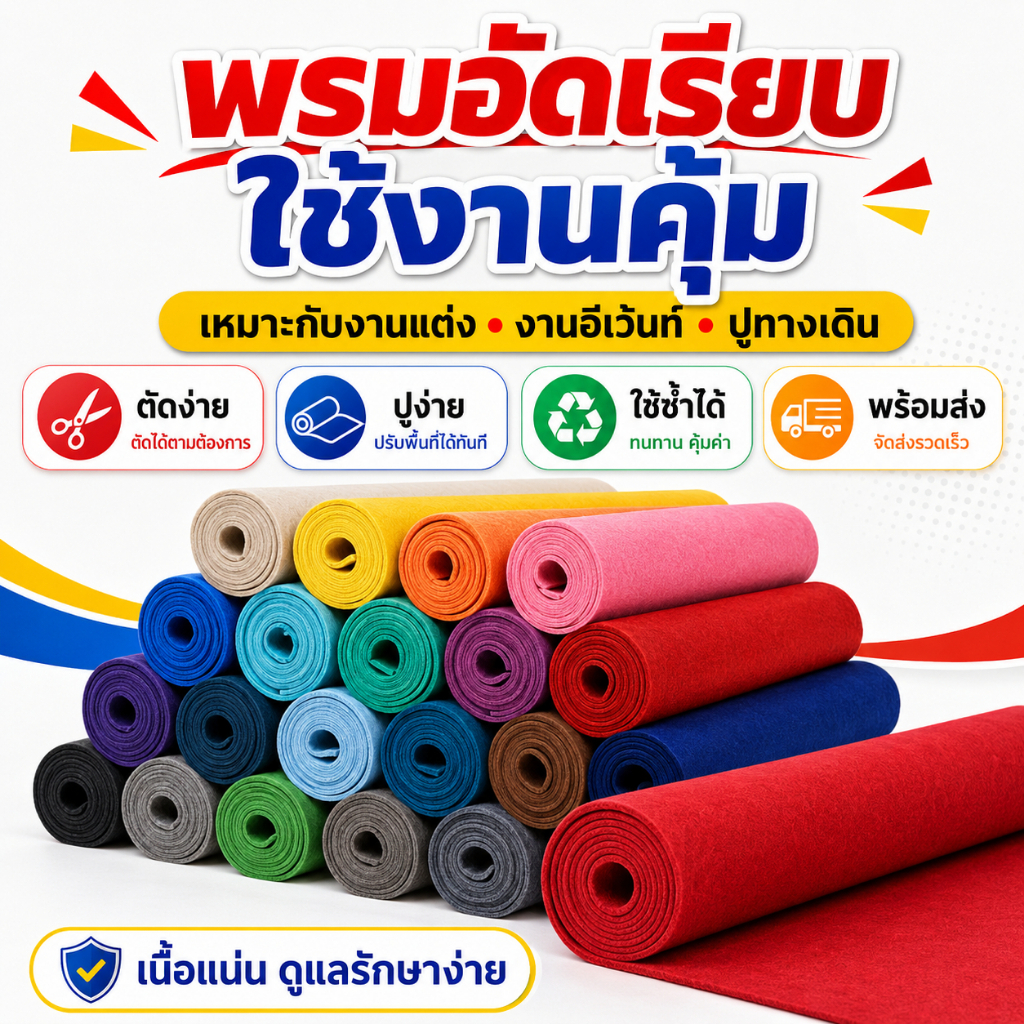 พร้อมส่ง พรมอัดเรียบหน้ากว้าง 2 เมตร พรมปูพื้นงานแต่ง งานอีเว้นท์ เวที บูธสินค้า เลือกสีได้ ตัดตามพื้นที่ได้ ใช้งานง่าย