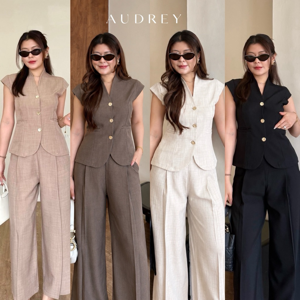 Audrey Set ชุดเซ็ตเสื้อทรงคอปีนแขนปีน (ส่งด่วน ) พร้อมกางเกงขายาวทรงขาบาน มี 5 สี | betty