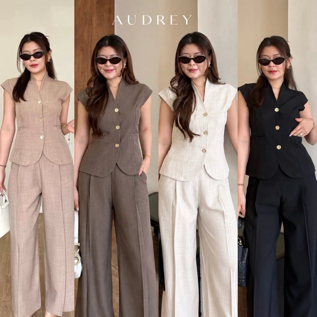 Audrey Set ชุดเซ็ตเสื้อทรงคอปีนแขนปีน (ส่งด่วน🚗) พร้อมกางเกงขายาวทรงขาบาน มี 5 สี | betty