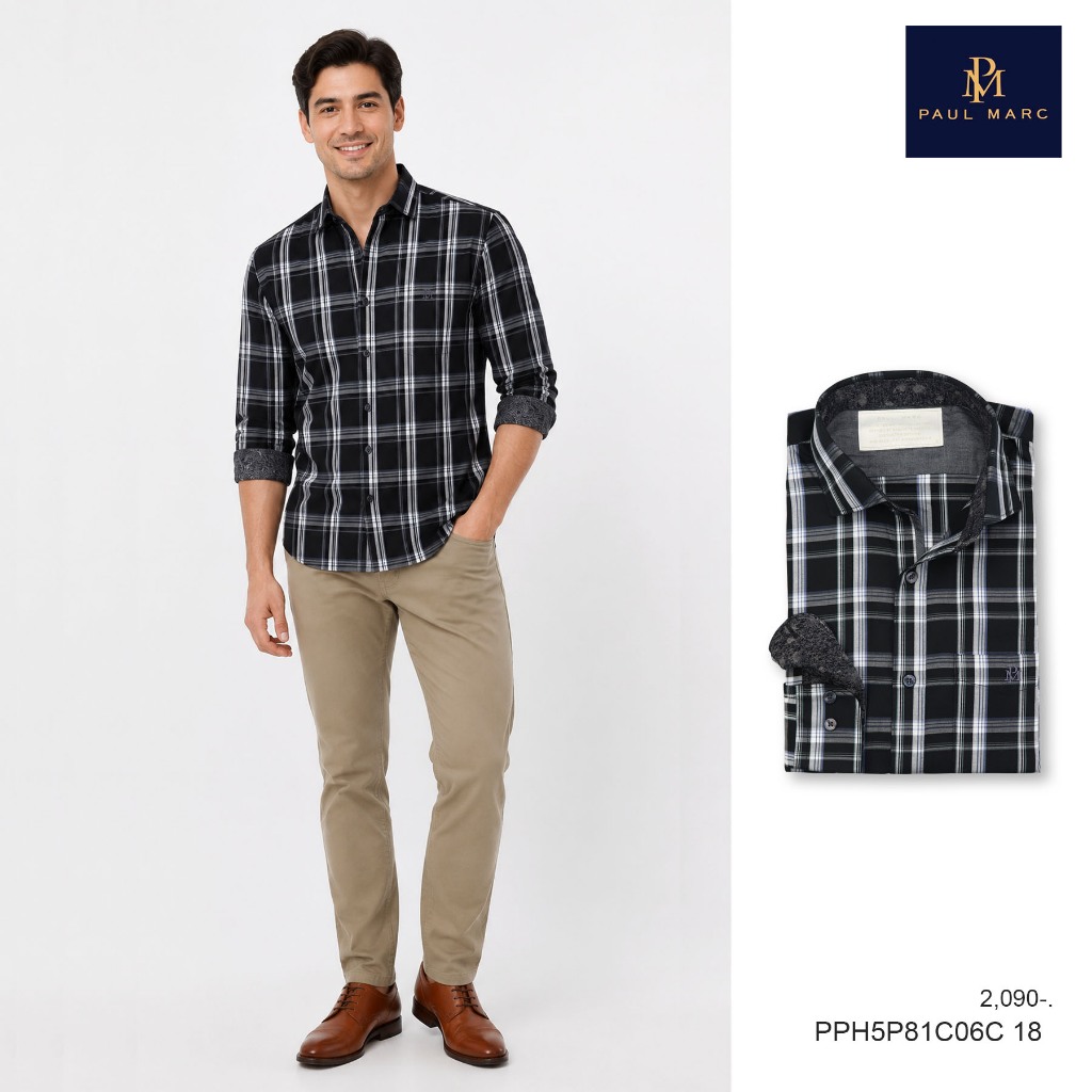 PAUL MARC เสื้อเชิ้ตแขนยาวลายตาราง สก็อต เช็ค สีดำ slim fit cotton ผ้านุ่ม รีดง่าย ยับยาก PPH5P81C06