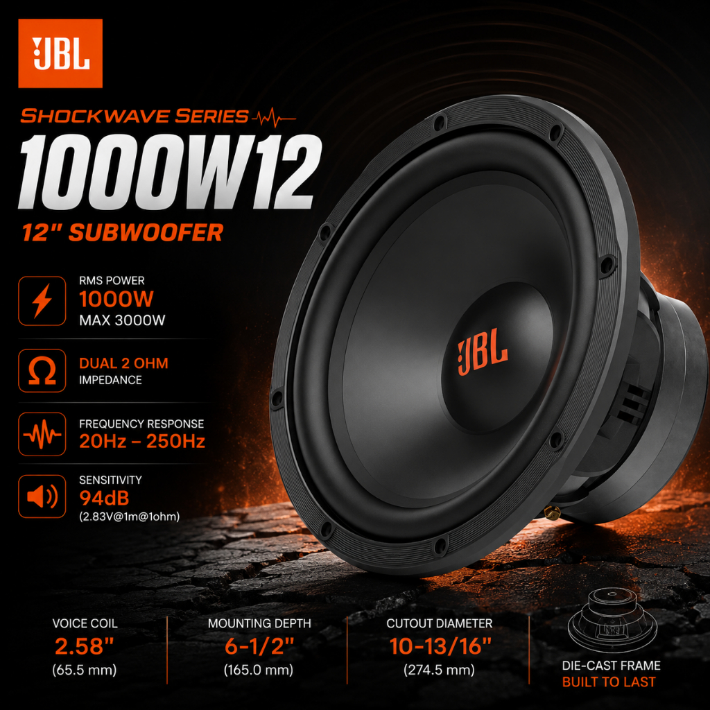 JBL ShockWave Series รุ่น 1000W12 ลำโพงซับวูฟเฟอร์ขนาด 12 นิ้ว วอยซ์คู่ 2 โอห์ม โครงหล่อไดคาสต์
