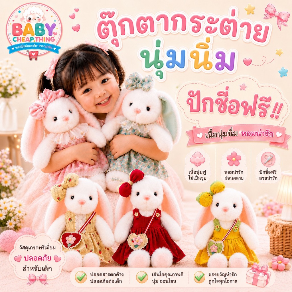 ปักชื่อฟรี !! ตุ๊กตากระต่ายนุ่มนิ่ม กระต่ายใส่ชุดน่ารัก (Doll63)
