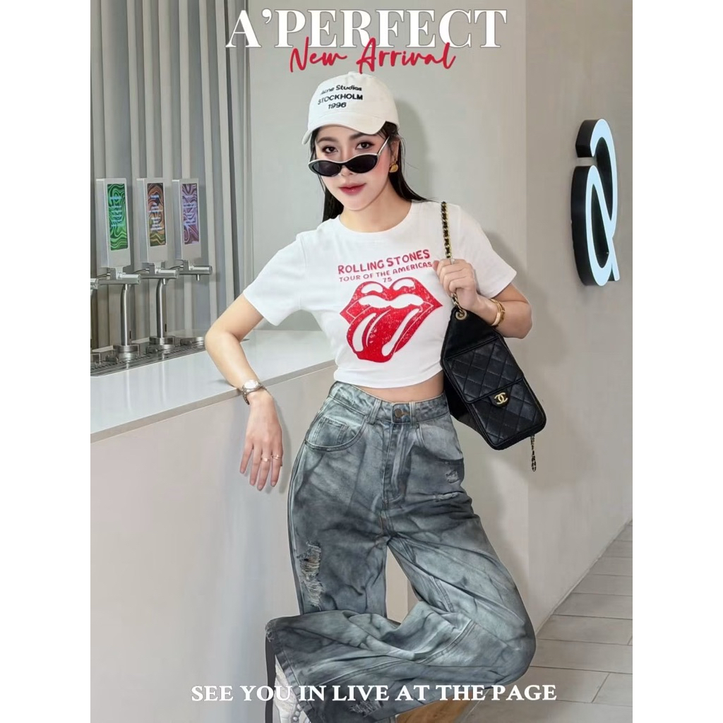#ValleyGirlมือ1🌈สินค้าพร้อมส่ง🌈เซต2ชิ้นเสื้อสีขาว+กางเกงยีนส์ขายาวSize:S:32-26-36ยาว41น้ว