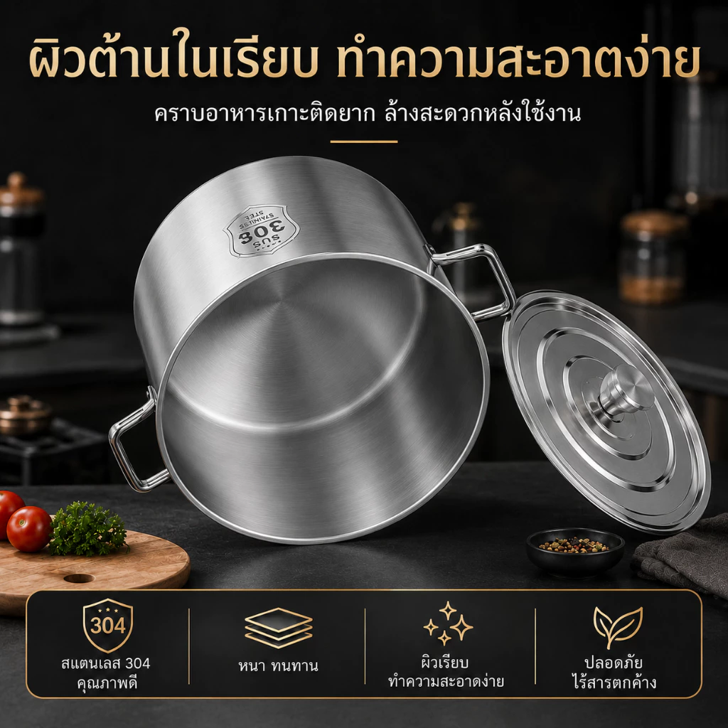 หม้อต้มน้ำซุปสแตนเลส 304 แบบหนาพิเศษ ทรงสูง ความจุใหญ่ พร้อมฝาปิด สำหรับร้านอาหารและโรงอาหาร thumbnail 8