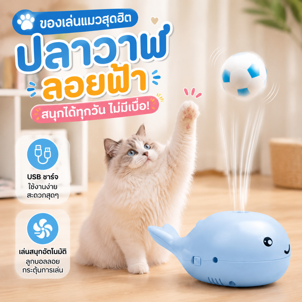 ของเล่นสัตว์เลี้ยง ของเล่นแมวอัตโนมัติ ปลาวาฬพ่นลม ลูกบอลลอย USB ชาร์จ เสริมกิจกรรมแมว ลดความเครียด