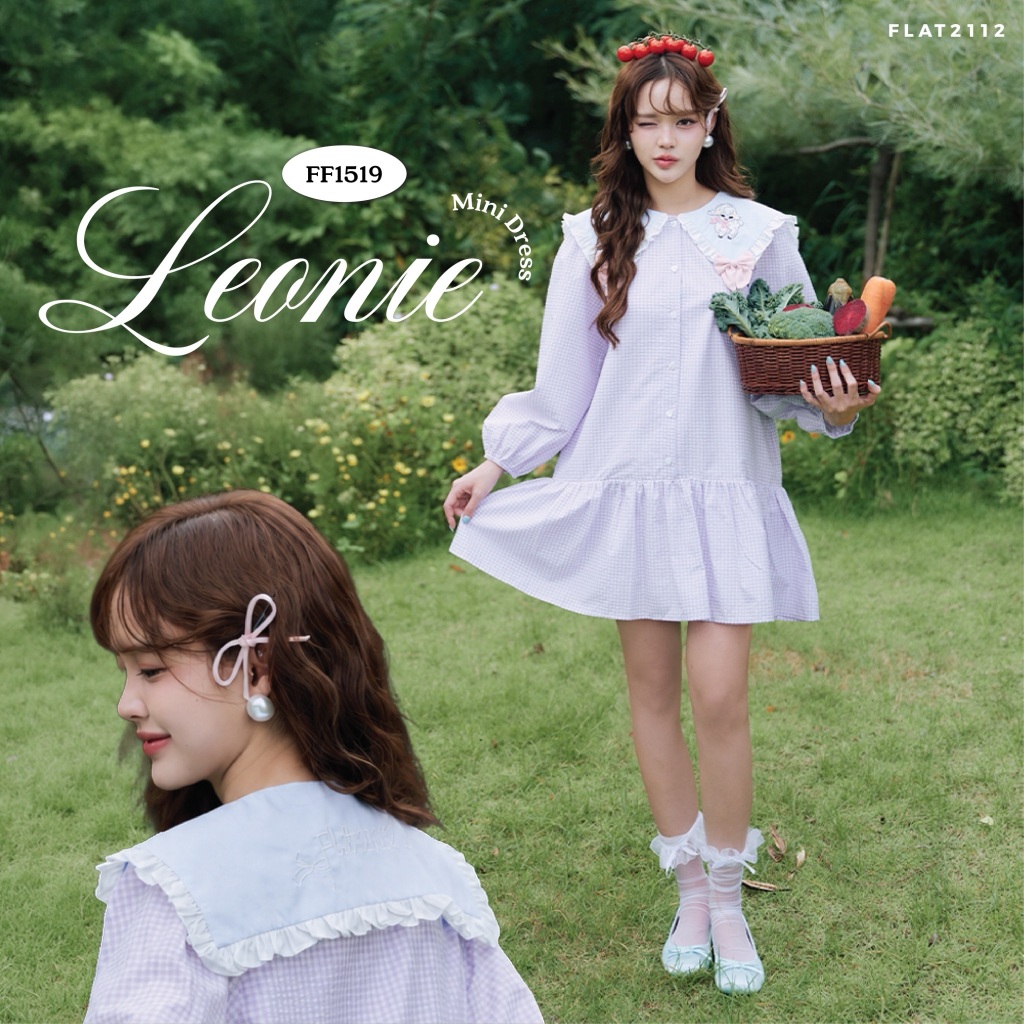 FLAT2112 : LEONIE MINI DRESS เดรสสั้นสีม่วง เดรสลายสก็อต เดรสคอบัว เดรสพาสเทล เดรสสั้นแขนยาว เดรสสไตล์เกาหลี (FF1519)