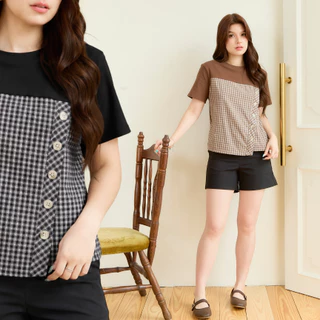 Glucoat | [A779/A908] เสื้อยืดคอกลมแขนสั้นลายสก็อต กระดุมแต่งด้านข้าง