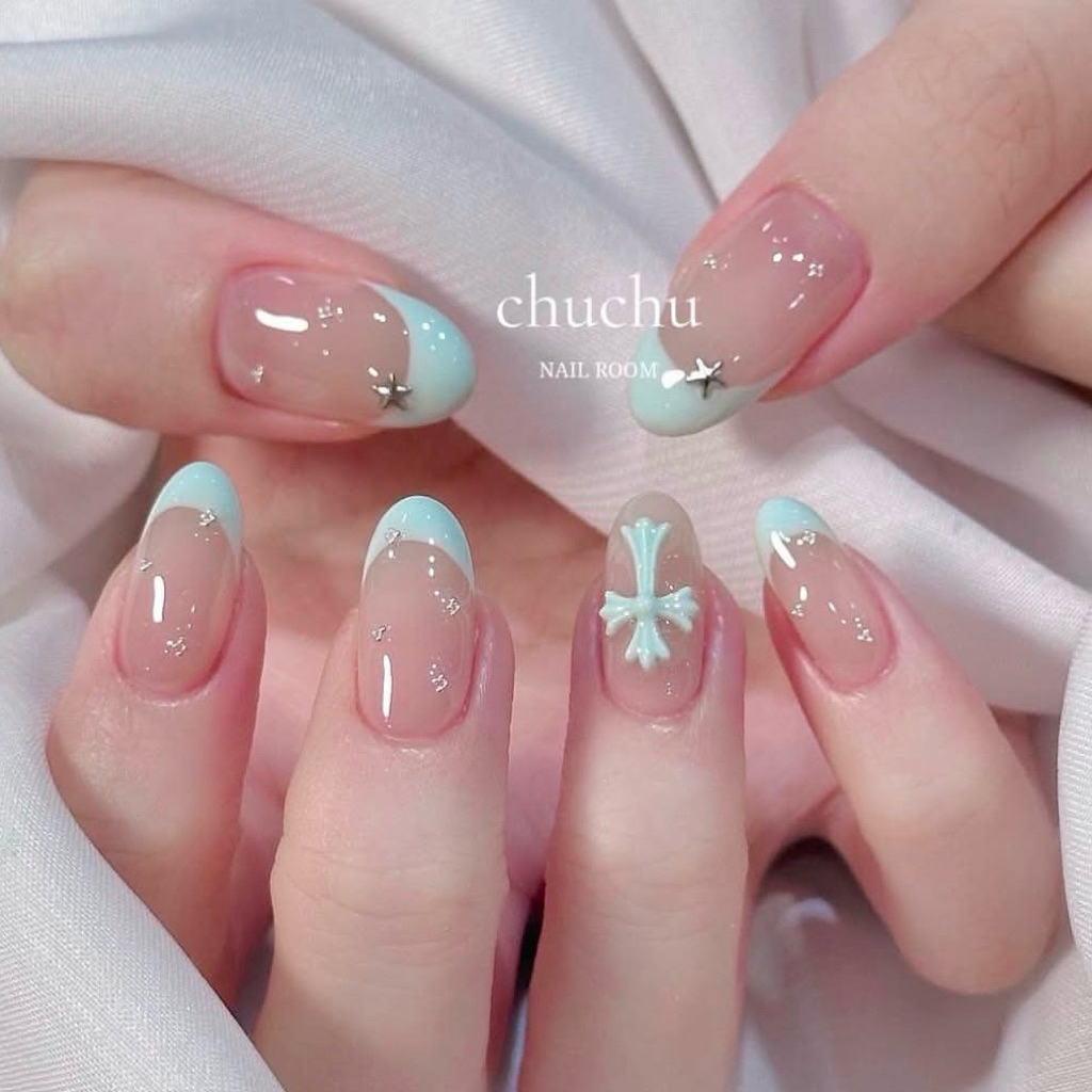 181 [Toeyty]เล็บเจล เฟร้นปลายสีมิ้น ติดโคมฮาร์ท