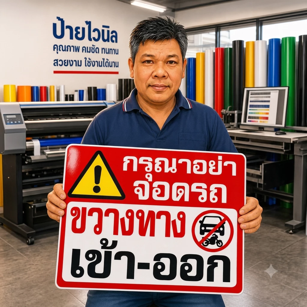 ป้ายไวนิล (V21) กรุณาอย่าจอดรถ ขวางทางเข้า-ออก ห้ามบุกรุก กล้องวงจรปิด