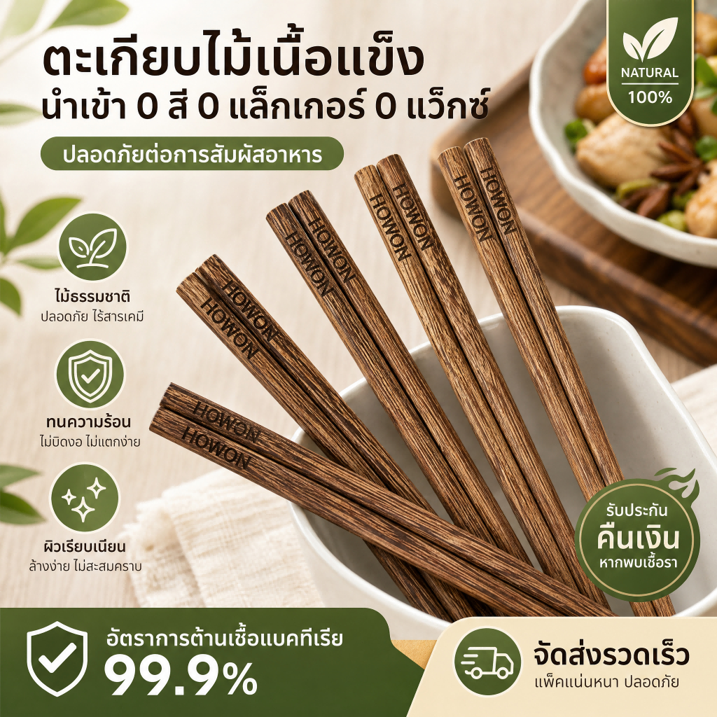 ตะเกียบไม้ Chicken Wing Wood แบบยาว ไร้สี ไร้แว็กซ์ ต้านแบคทีเรีย กันเชื้อรา Chopsticks Set สำหรับใช้ในบ้าน Kitchen Home