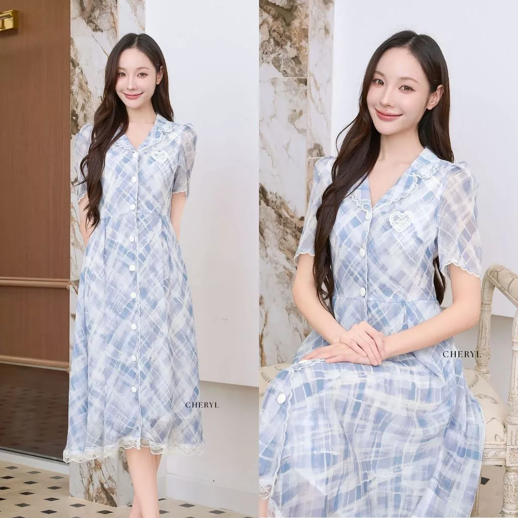 Cheryl brand - Betsy Collar Lace Trim Dress in Blue Plaid / ชุดเดรสสีฟ้าคอปก พิมพ์ลายสด็อตสีขาว