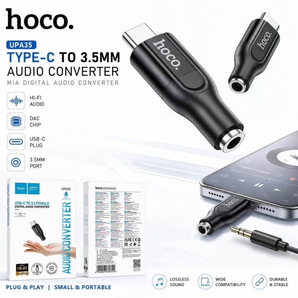 HOCO UPA35 ตัวแปลงหูฟัง Type-C to 3.5mm ชิปเสียง DAC ฟังเพลง / คุยโทรศัพท์ / รีโมท สายแปลงหูฟัง audio converter
