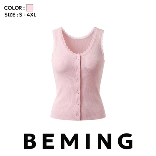 Bemingtop1264(S-4XL) - Mony Top – เสื้อกล้ามผ้าริบแต่งลูกไม้ พร้อมกระดุมหน้าใช้งานได้จริง
