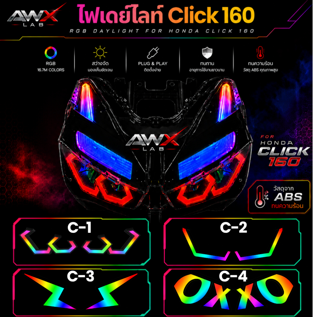 กรอบไฟตา BM สำหรับติดตั้งในรถ Click 160 (1 คู่) ใช้กับไฟ WS2812B ขนาด 8 mm
