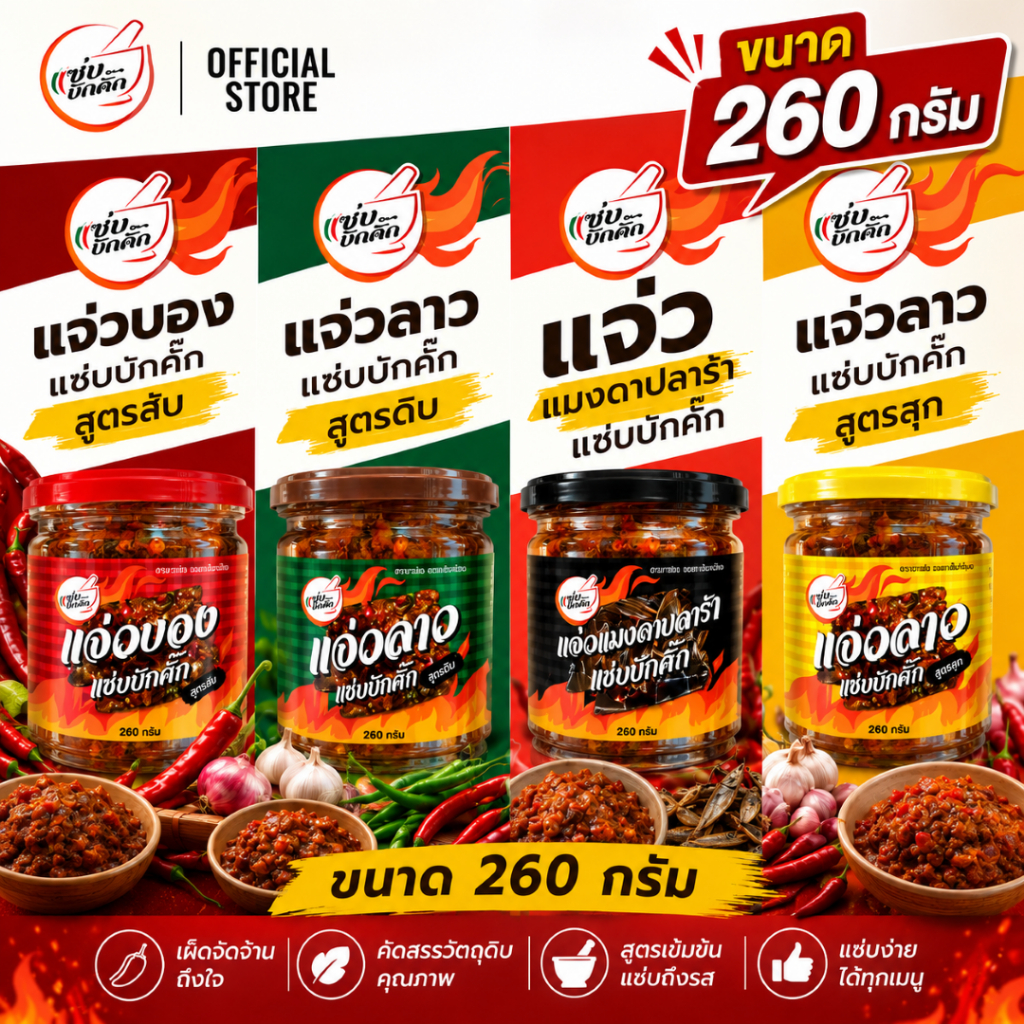 🌶️ แจ่วลาว แซ่บบักคั๊ก 260 กรัม (สูตรสุก/สูตรดิบ/สูตรบอง/สูตรแมงดา) เลือกสูตรได้ น้ำพริกแจ่วลาว พร้อมทาน อาหารอีสาน