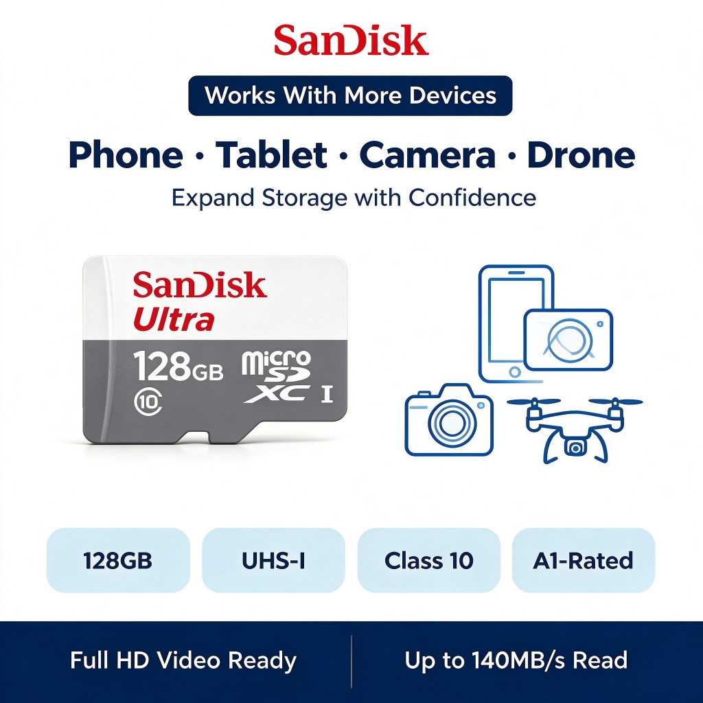 ของแท้ 32GB 64GB 128GB MICRO SD CARD (ไมโครเอสดีการ์ด) SANDISK ULTRA SDXC CLASS 10 (SDSQUNR) ความเร็ว 100MB/s