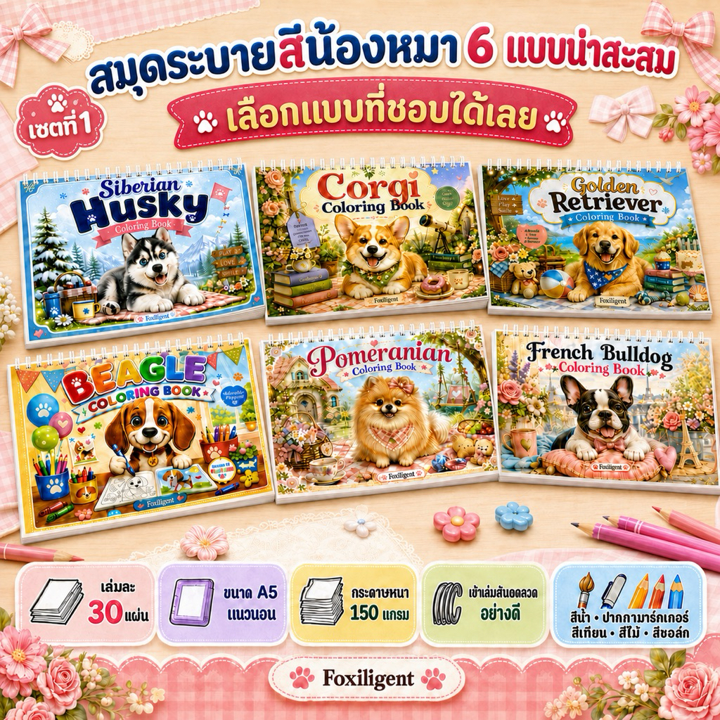 สมุดระบายสีน้องหมา 6 แบบ น่าสะสม ขนาด A5 หนา 150 แกรม เล่มละ 30 แผ่น หมึกกันน้ำ