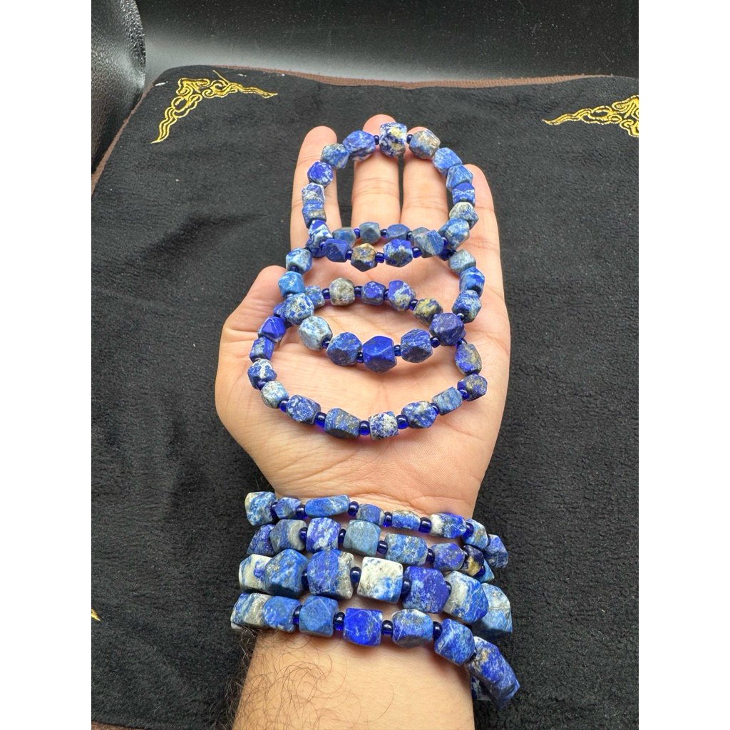Natural Lapis Lazuli Faceted Cube Bead Stretch Bracelet | Genuine Deep Blue Pyrite Gemstone Jewelry 