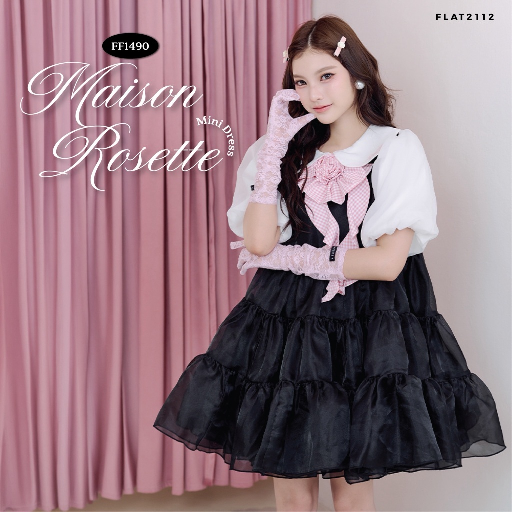 FLAT2112 : MAISON ROSETTE MINI DRESS เดรสสั้นสีดำ, มินิเดรส, เดรสเลเยอร์ เดรสเจ้าหญิง, ชุดไปคาเฟ่, ชุดออกเดท (FF1490)