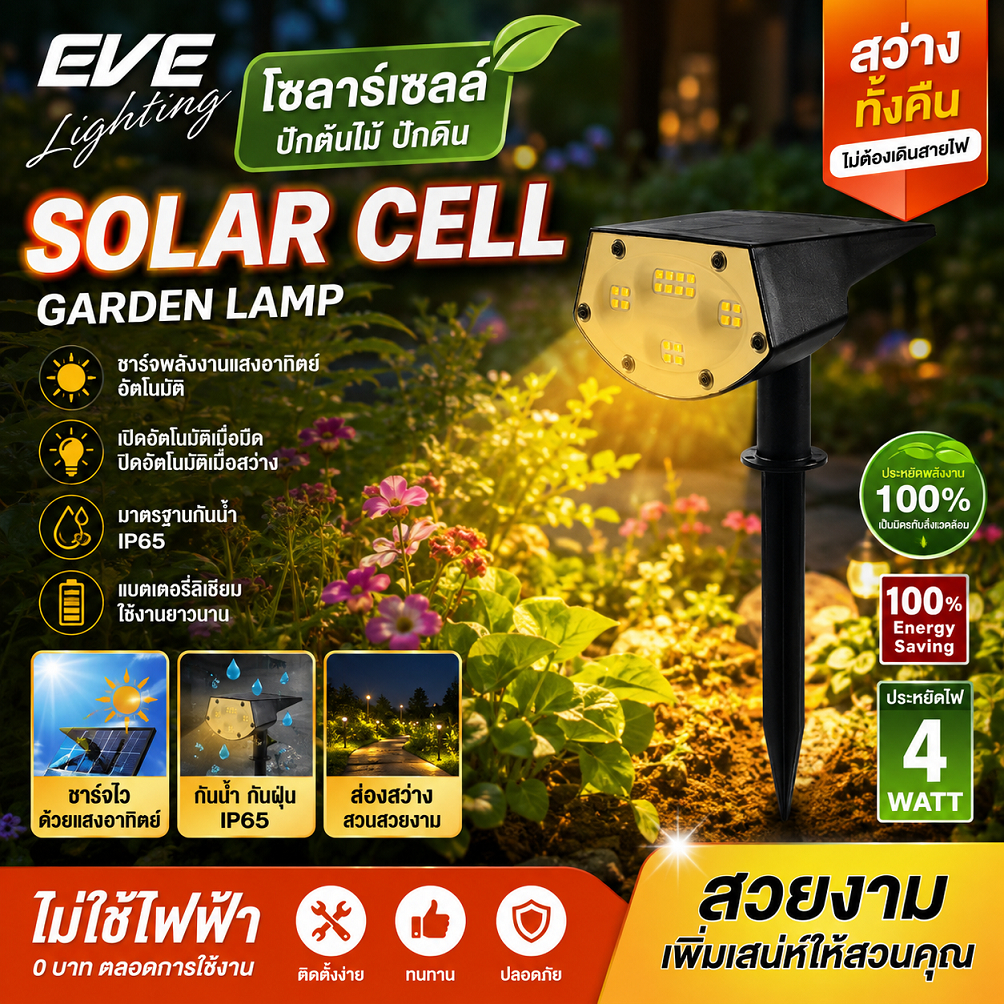 EVE โคมไฟปักดิน โซล่าเซลล์ ติดผนัง ตั้งพื้น LED ขนาด แสงวอร์