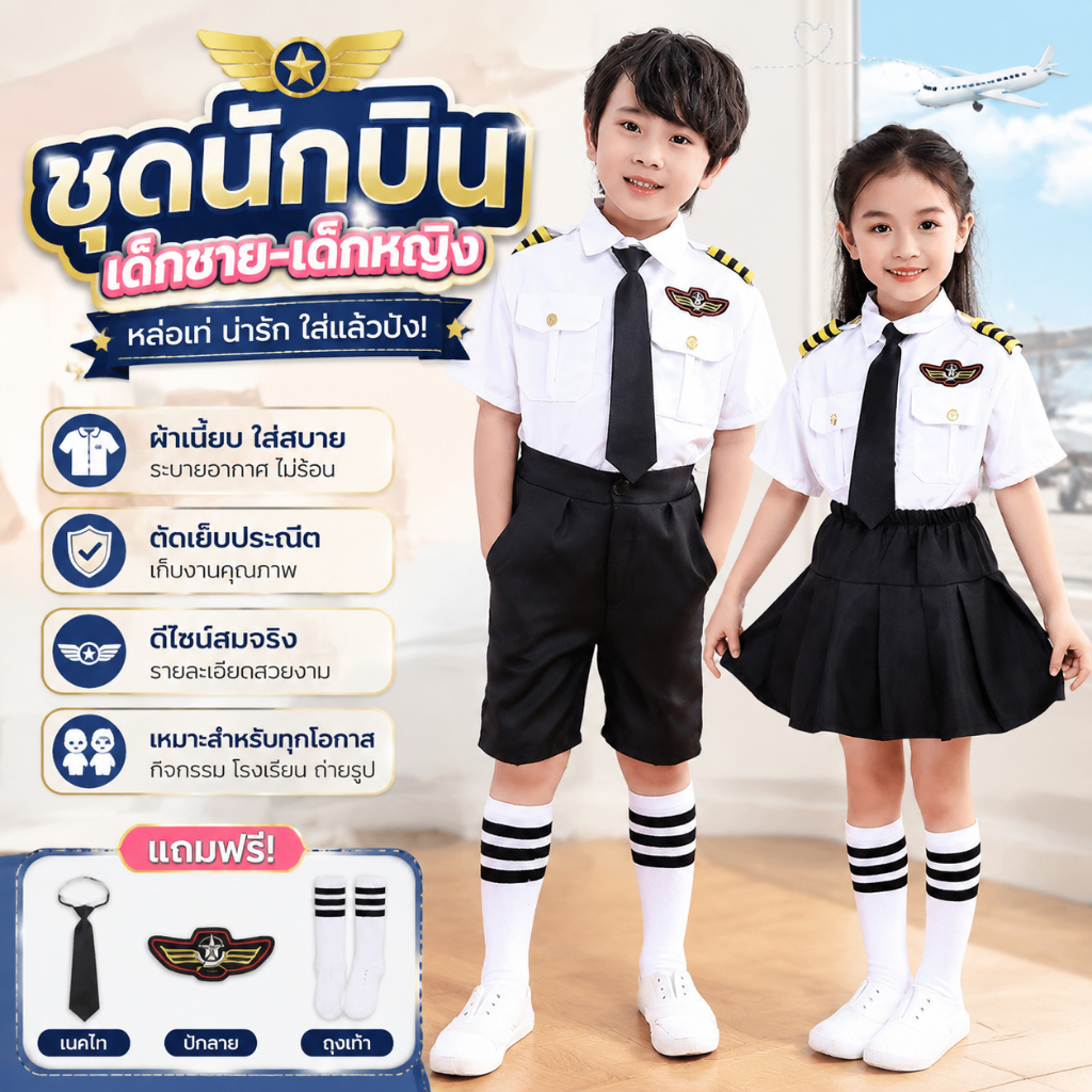 ส่งไวจากไทย ชุดกัปตันเด็ก ชุดนักบินเด็กผู้ชาย ชุดเล่นบทบาทอาชีพ ชุดแฟนซีเด็ก ใส่ถ่ายรูป งานโรงเรียน ปาร์ตี้
