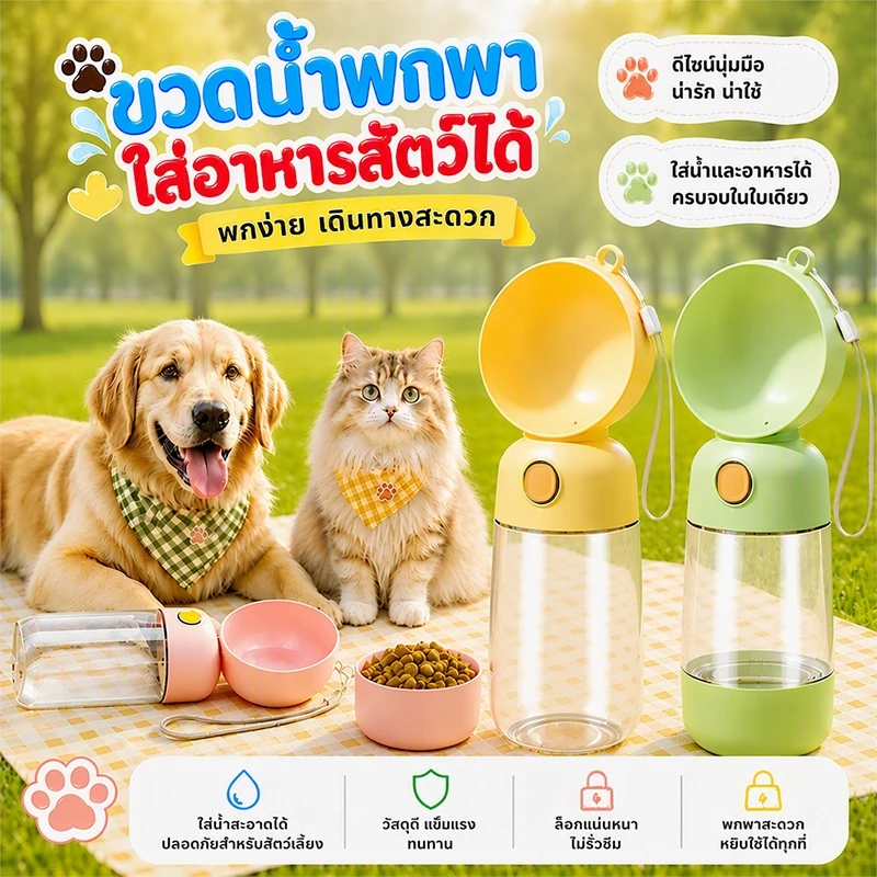 ขวดน้ำสัตว์เลี้ยง พกพา 565ml กันน้ำ 2 ชั้น ปากกว้าง 90mm วัสดุ ABS/PP/PET 3 สี