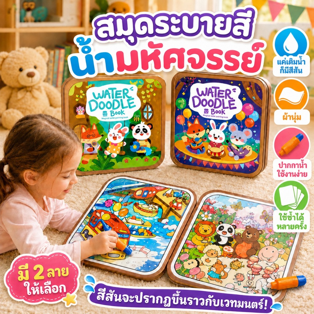 KiKi สมุดระบายสีน้ำ Magic Water Book พร้อมปากกาน้ำ ระบายซ้ำไ