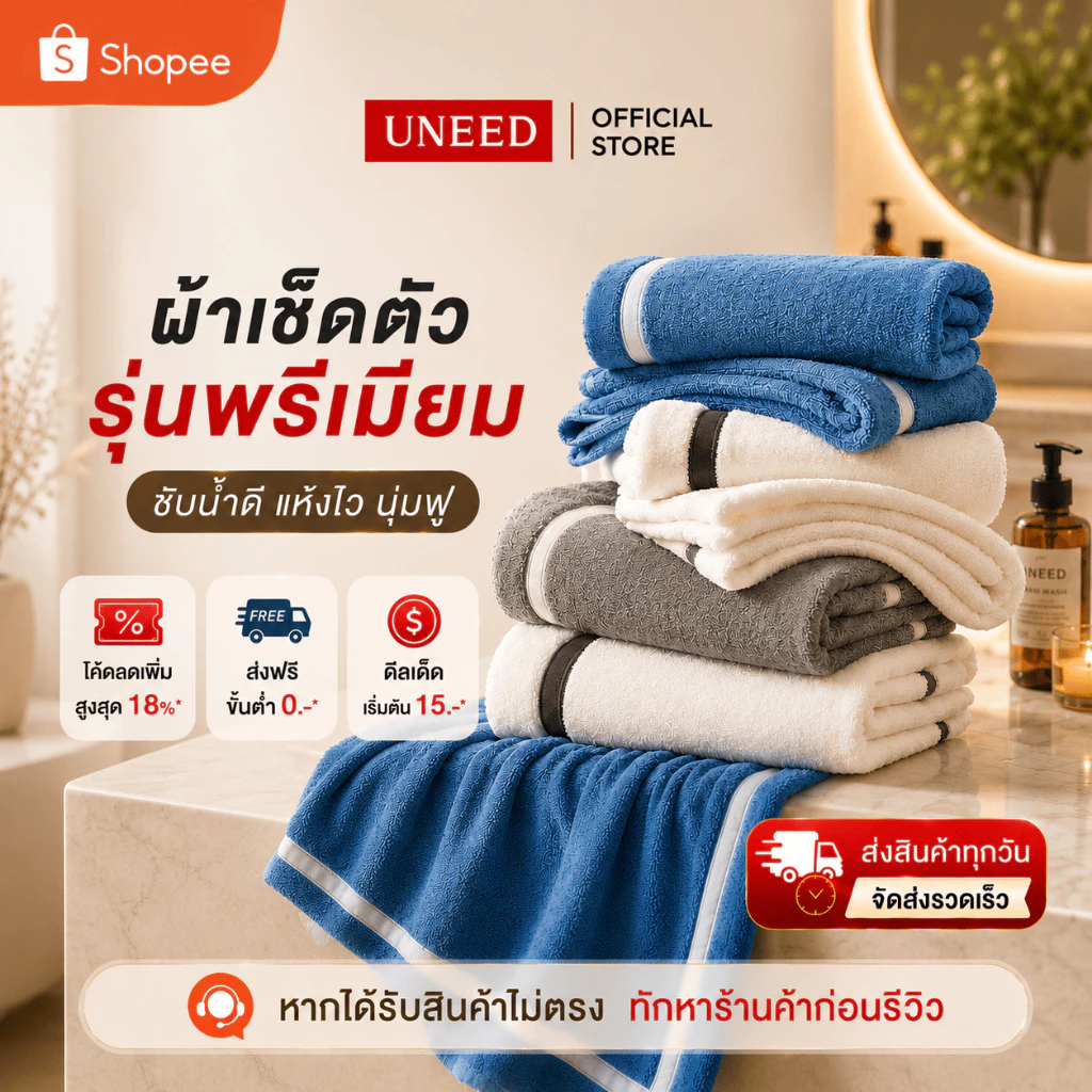 【UNEED】ผ้าเช็ดตัวขายดี รุ่นโรงแรม ซับน้ำดีพิเศษ นุ่มฟู แห้งเร็ว ไม่อับชื้น โรงแรม 5 ดาว มี 40x80 | 70x140 | 90x160 ซม
