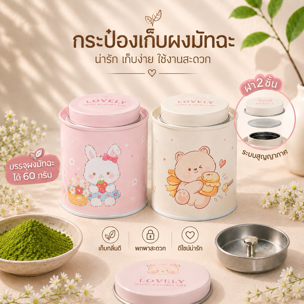 กระปุกเก็บมัทฉะ สกรีนกระต่าย หมี ฝาสองชั้น ระบบสูญญากาศ ฟู้ดเกรด