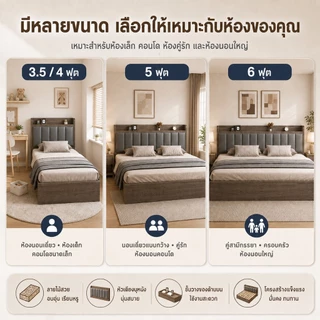 SWI เตียงนอน 4/5/6 ฟุต หัวเตียงบุนุ่ม มีชั้นวางของ โครงไม้แข็งแรง ฐานเตียงมั่นคง ลดการโยกและเสียงรบกวน ดีไซน์เรียบหรู