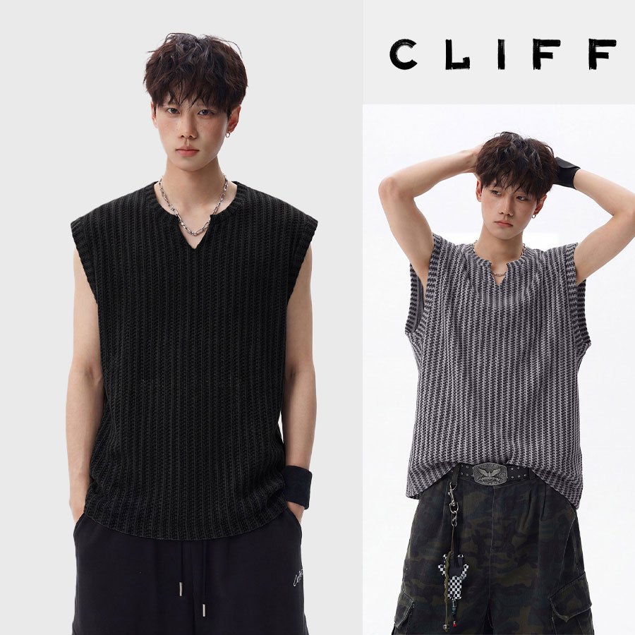CLIFF เสื้อกั๊กไร้แขนผู้ชายฤดูร้อน คอวี ลายเส้นตั้ง สไตล์อเมริกันวินเทจ ทรงหลวม สไตล์ลำลอง แฟชั่นฮิต