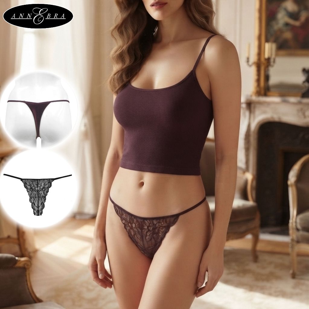 Annebra กางเกงใน ทรงจีสตริง ผ้ากำมะหยี่ ตัดต่อผ้าลูกไม้ G-String Panty รุ่น AU3-889