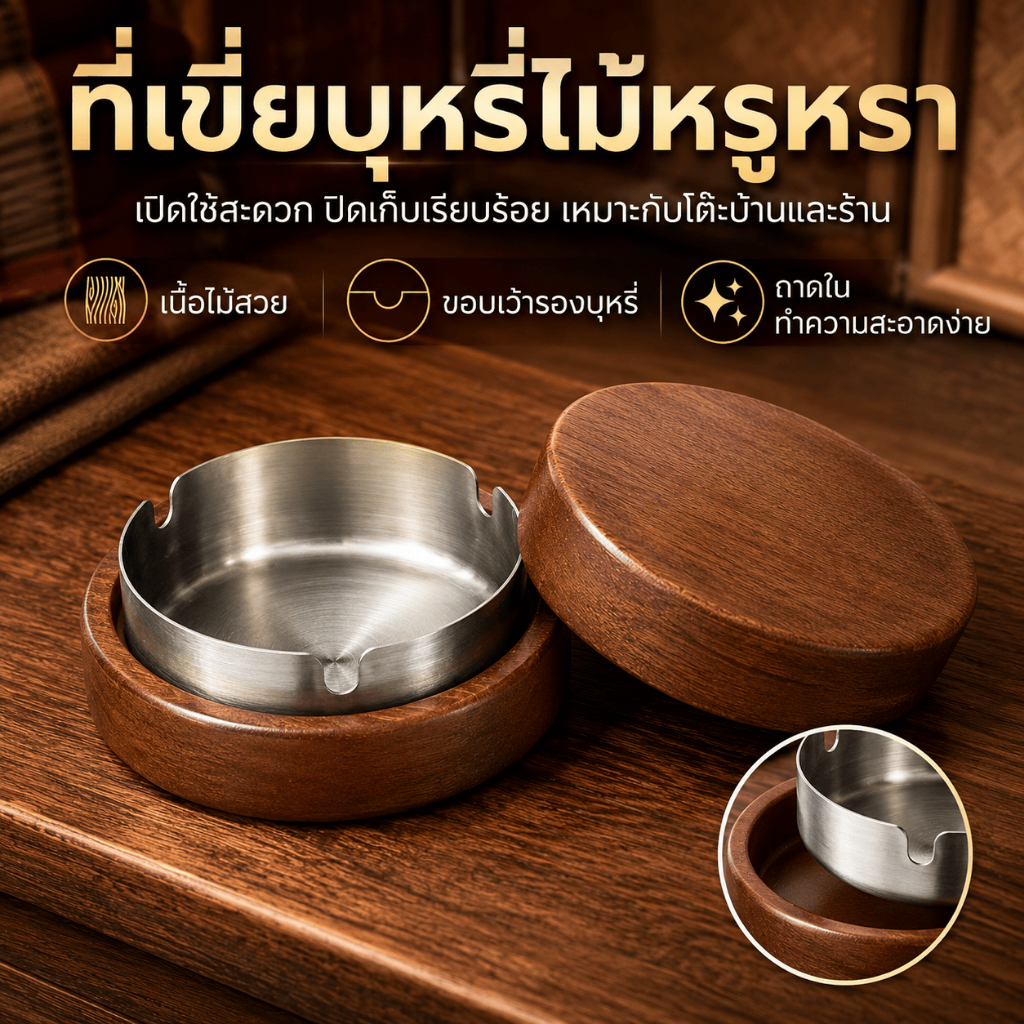 ที่เขี่ยบุหรี่ระดับพรีเมียม ถาดเขี่ยบุหรี่ไม้วอลนัท ฝาปิดสแตนเลส ดีไซน์เรียบหรู ทนทาน พร้อมส่งไทย คุ้มค่า ใช้งานสะดวกมาก