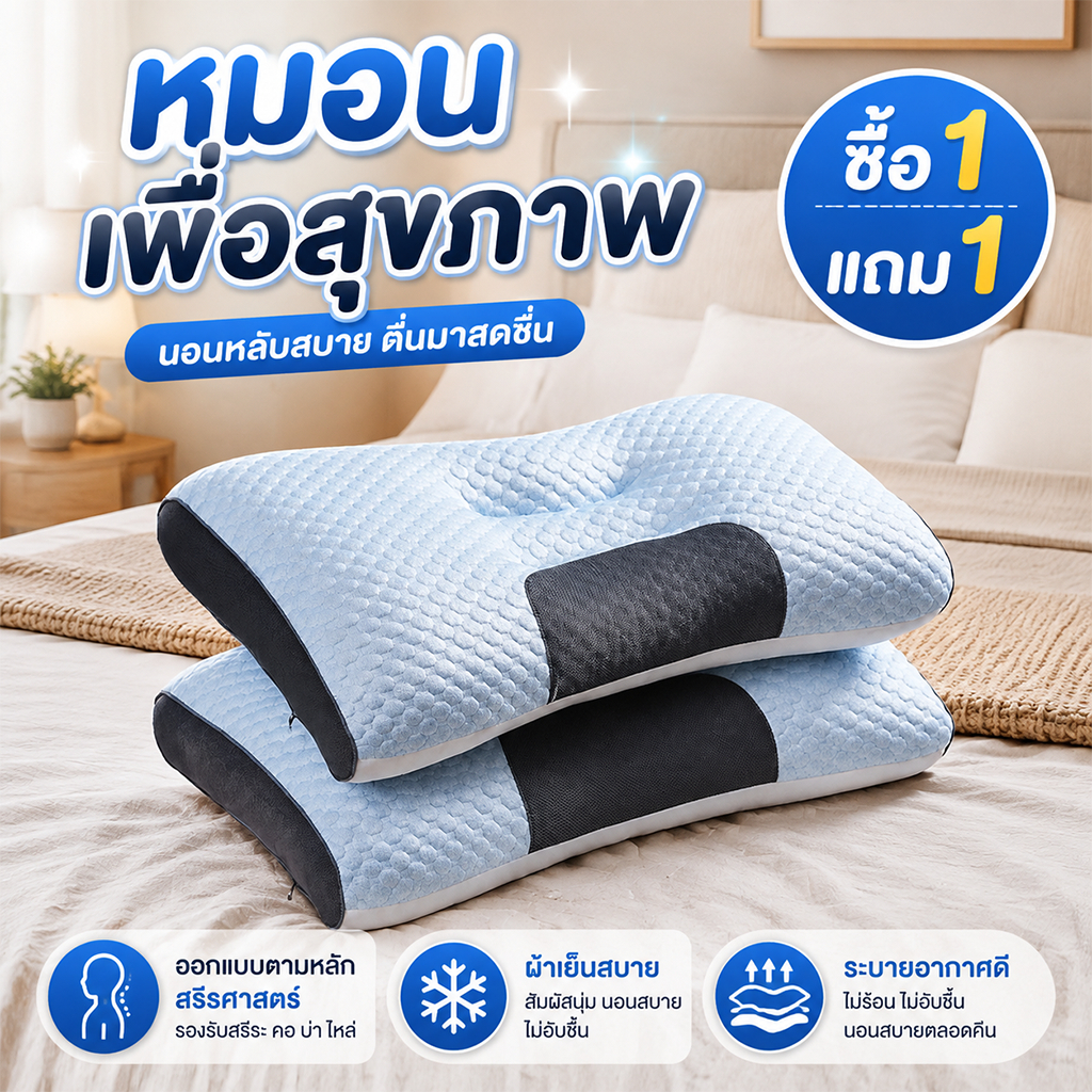ซื้อ1แถม1 หมอนไมโครไฟเบอร์เพื่อสุขภาพ หนานุ่ม รองรับศีรษะและต้นคอ นุ่มฟู หลับสบาย ขนาด ระบายอากาศดี ลดการนอนกรน หมอนรอง